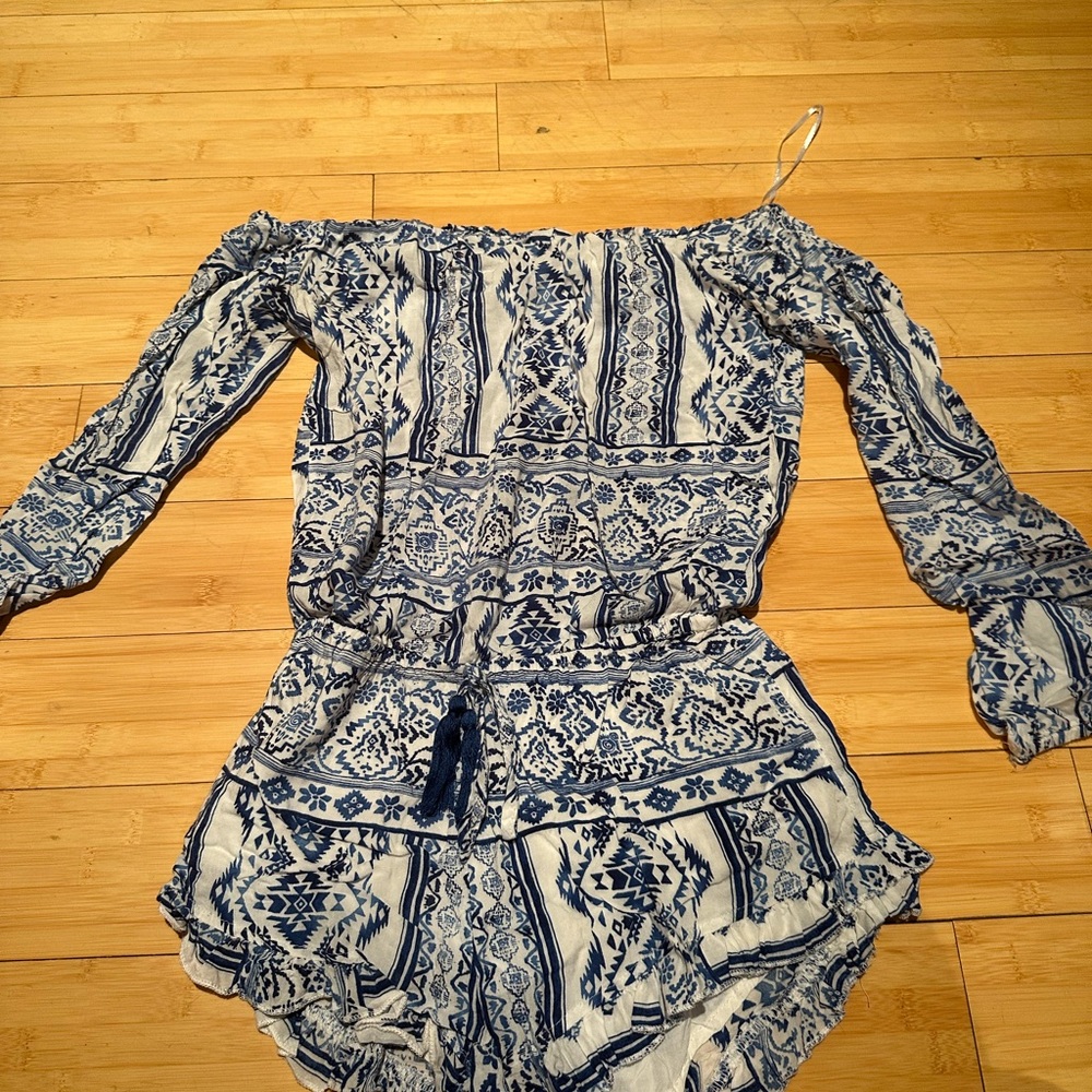 Surf Gypsy Blue and White Tribal Off-Shoulder Romper